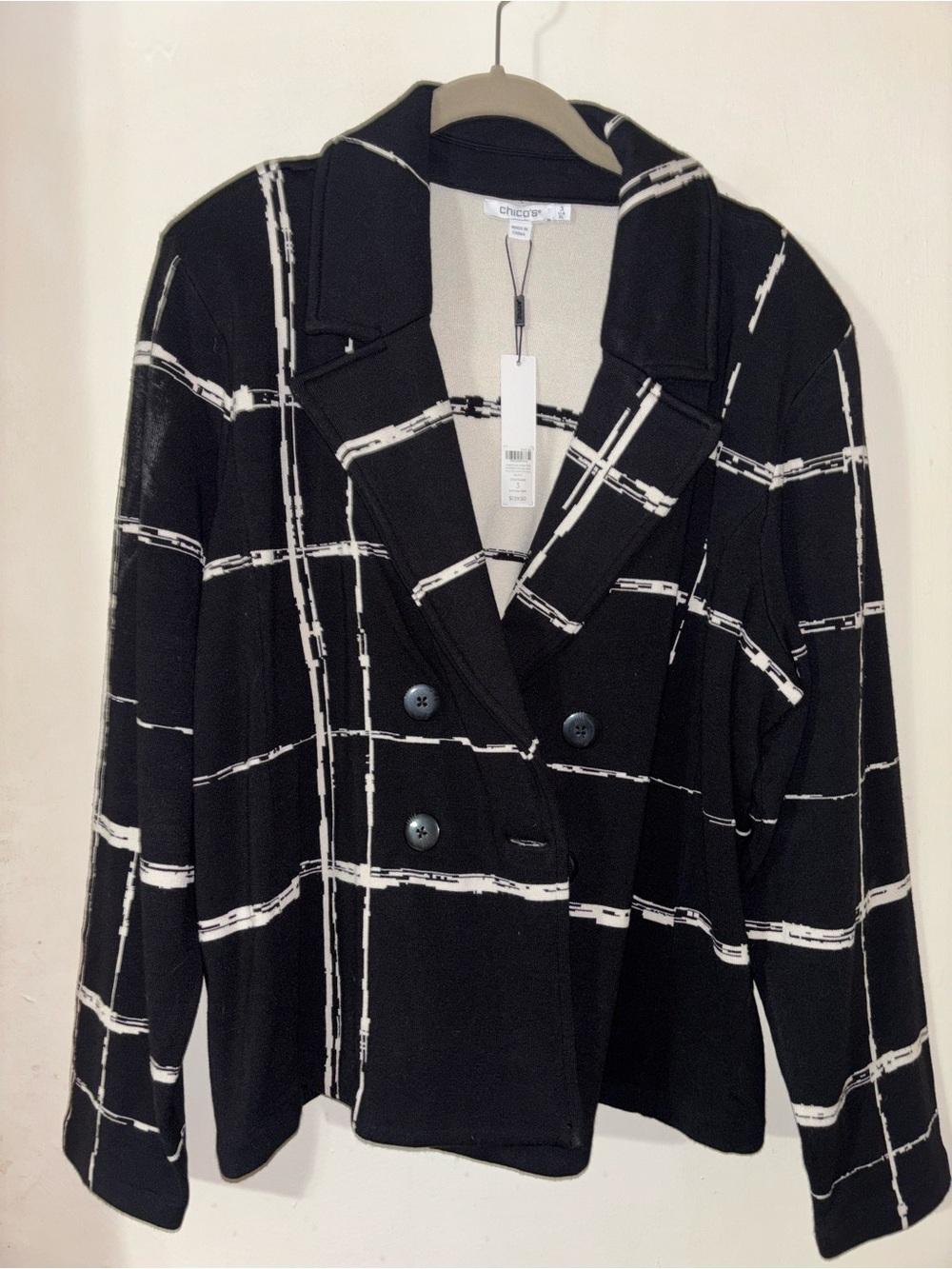 Chico's Black and White Windowpane Double-Breasted Blazer